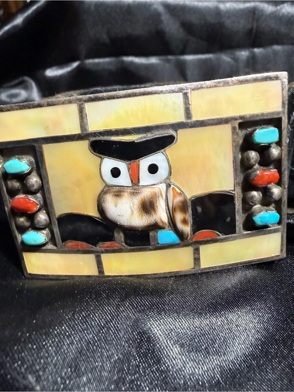 Zuni Owl 925 Sterling Silver Belt Buckle with Turquoise and Coral Inlay 1 1/2”